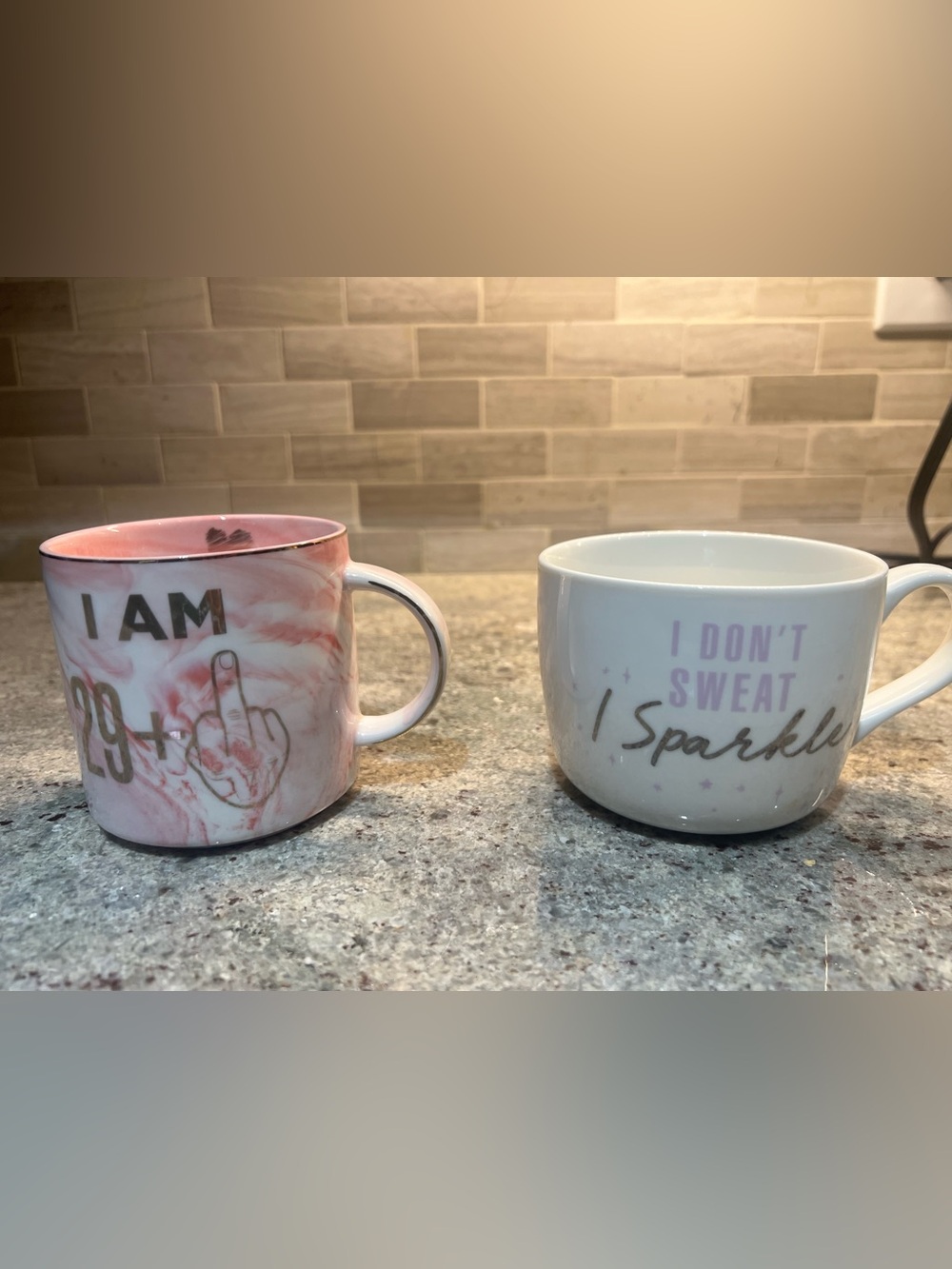 Two Decorative Coffee Cups “I don’t sweat I sparkle” and 30 years old